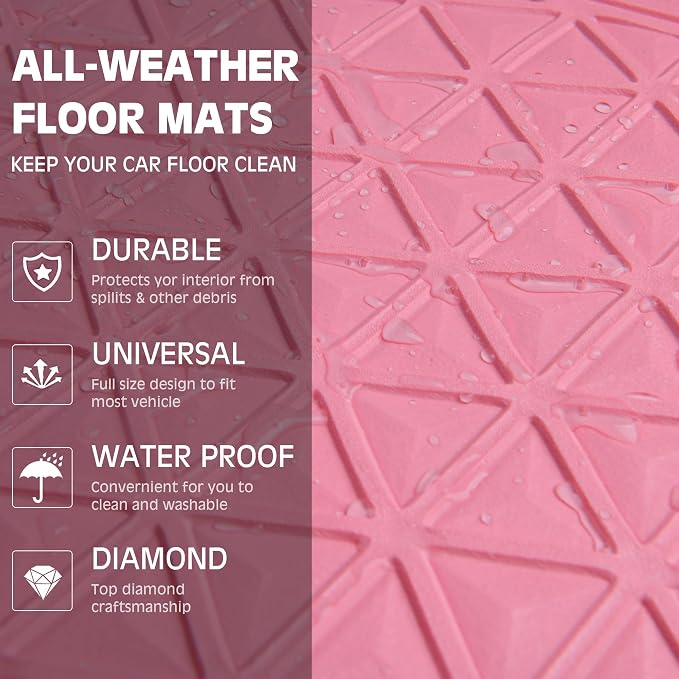 CAR PASS Bling Diamond Car Mats Rubber Floor Mats Full Set Anti-Slip 3D Rhombus Waterproof Trim to Fit Liner Universal Glitter Crystal Sparkly Shining Rhinestone Girl Women SUV Sedan Van, Pink Rubber