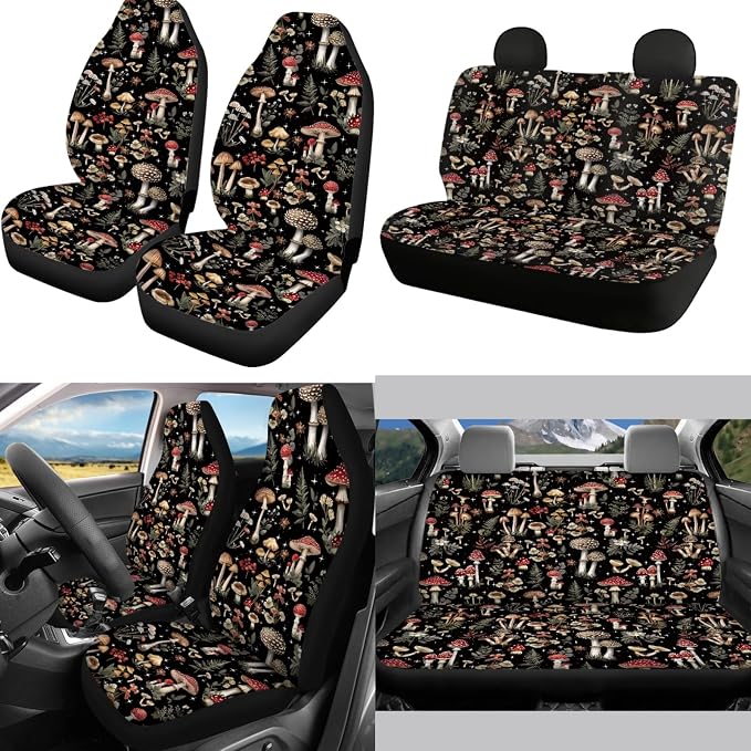 Mumeson Mushroom Car Accessories Car Front and Rear Seat Covers Protector with Steering Wheel Cover + Seat Belt Covers Shoulder Pads + Car Armrest Cushion Pad 8 Pack Set Car Accessories