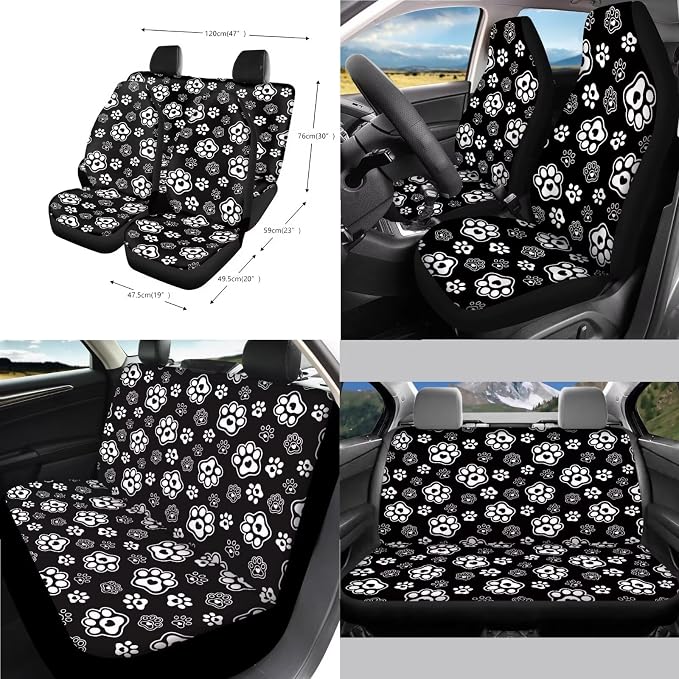 Dog Paw Print Car Seat Covers Front and Back Full Set with Steering Wheel Cover Armrest Cushion Safety Belt Pads Inside Rearview Mirror Cover Trash Bin, Universal Fits