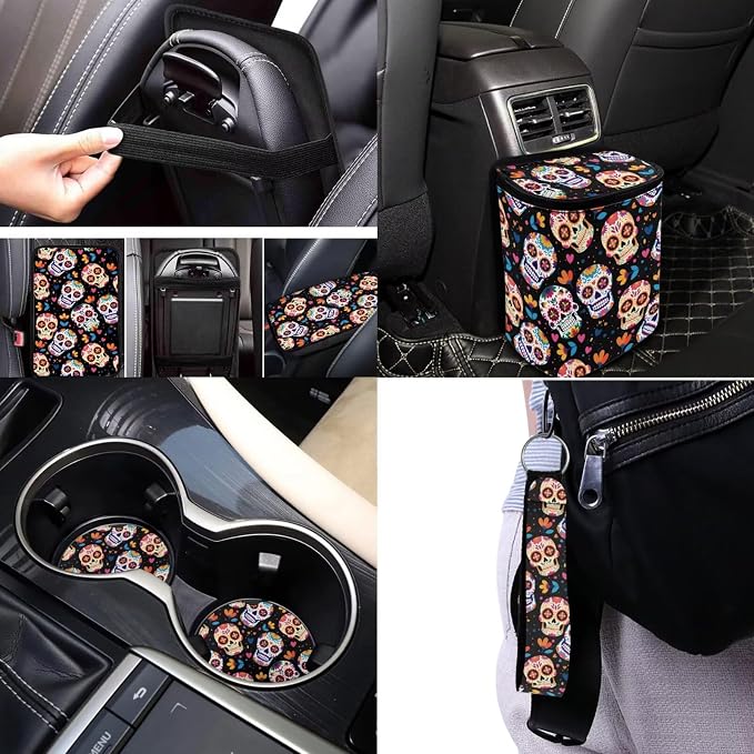 Skull Car Seat Covers Full Set of 17 Pcs,Universal Skull Floral Car Accessories for Women Man Automotive Interior with Auto Trash Bag Floral Auto Head Rest Covers,Washable Easy to Install