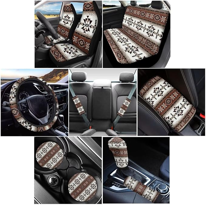 Wanyint Car Seat Covers Full Set 12 Pieces, with Steering Wheel Seat Belt Covers Armrest Pad Handbrake Gear Shift Knob Cover Cup Coaster Universal Fit, Southwest Aztec Dark Brown