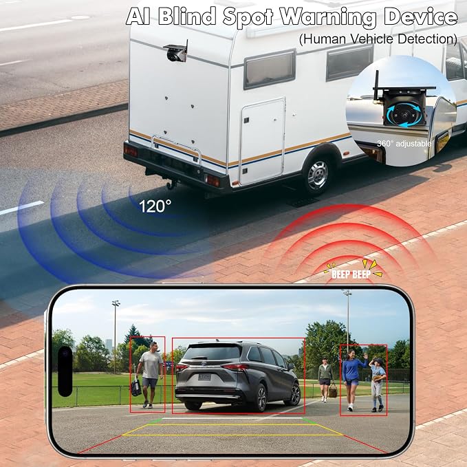 Portable Wireless Backup Camera Magnetic Solar WiFi Rear View Camera for RV | 1080P HD Night Vision AI BSD Detection Alert 9600mAh Battery No wiring Phone App Control Adjustable Camera for Truck Trailer