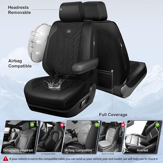 CAR PASS Leather Oxford Large Seat Covers For Truck F150 Ram Silverado Sierra 1500 Seat Covers, Scratch-resistant Water-proof All Weather Universal Fit for Extra Large Truck Car SUV Full Black 3D Tyre