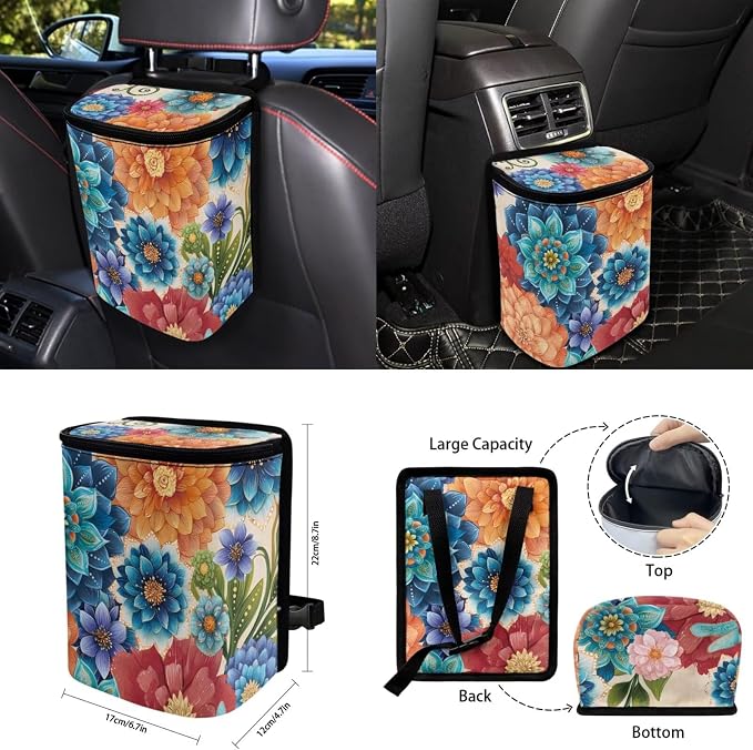 Boho Floral Dragonfly Car Seat Covers Set of 15 with Universal Steering Wheel Cover, Rearview Mirror Cover, Car Trash Can, Seatbelt Pads, Cup Holder Coasters, Keychains