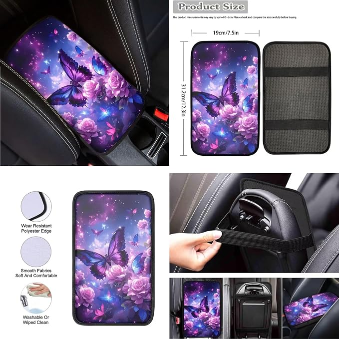 Beautiful Butterfly Roses Car Seat Cover Full Set for Women, with Car Steering Wheel Cover Auto Center Console Pad Seat Belt Pads, Automotive Interior Accessories Set of 8