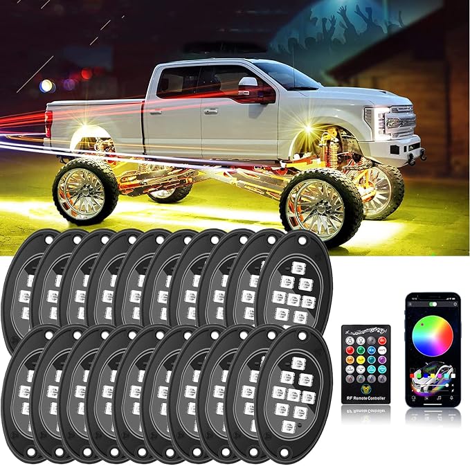 20 Pods Led Rock Lights for Trucks, RGB LED High Brightness Multifunction Neon Underglow Kit Waterproof Car Light with APP/RF Control, Rock Lights for Pickup Off Road RZR SUV ATV UTV