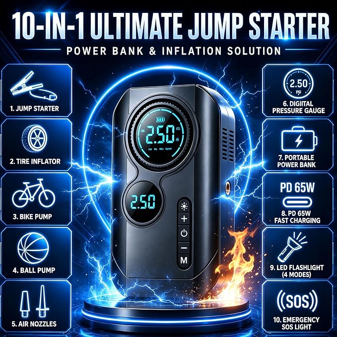 9000A Jump Starter with Air Compressor 10-1 Portable Tire Inflator German Fast-Charging Power Bank Car Diesel Battery Booster for Car Owners Camping Road Trips Family Safety Gift (multipurpose use)