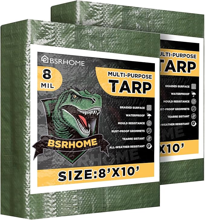 Tarps Waterproof 8x10 Feet, 2 Pack Heavy Duty Green Tarp Cover 8 Mil Thick, Resistant Plastic Tarpaulin with Metal Grommets, Outdoor Tent Cover for Emergency Rain