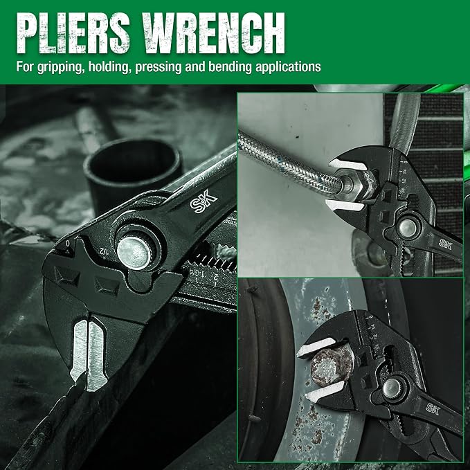 SK 3-Piece Pliers Wrench Set, Adjustable Parallel Smooth Jaw Pliers, 6-Inch, 7.5-Inch, 10-Inch, Premium CR-V Construction, with Rolling Pouch
