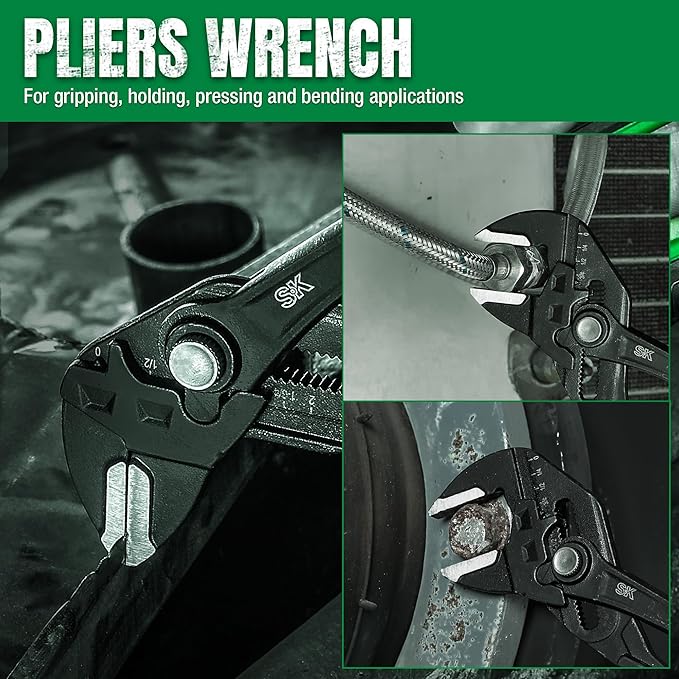 SK 4-Piece Pliers Wrench Set, Adjustable Parallel Smooth Jaw Pliers, 6-Inch, 7.5-Inch, 10-Inch, 12-Inch, Premium CR-V Construction, with Rolling Pouch