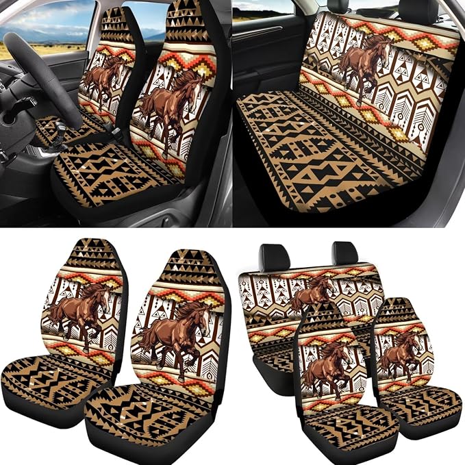 12Pcs Brown Horse Auto Seat Cover Protection Front Rear Seats,Breathable 15 Inch Steering Wheel Covers+Coaster+Keychain+Armrest+Seat Belt Pads,Southwestern Tribal Horse Car Accessory Decor