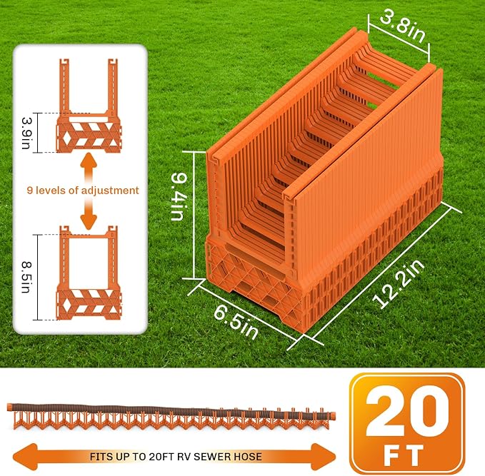 WELLUCK RV Sewer Hose Support 20FT, Blaze Orange RV Sewer Support with Adjustable Height Design, Secure Rubber Band and Carry Strap, Quick Setup and Collapse for Campers Travel Trailers and Motorhome