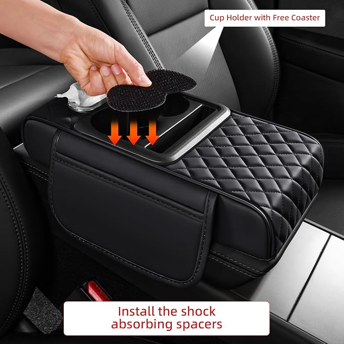 5 in 1 Nappa Leather Console Armrest Cover, Black | Built-in cup holder, tissue slot, phone holder & 2 storage pockets, practical car accessories fit SUV sedan truck