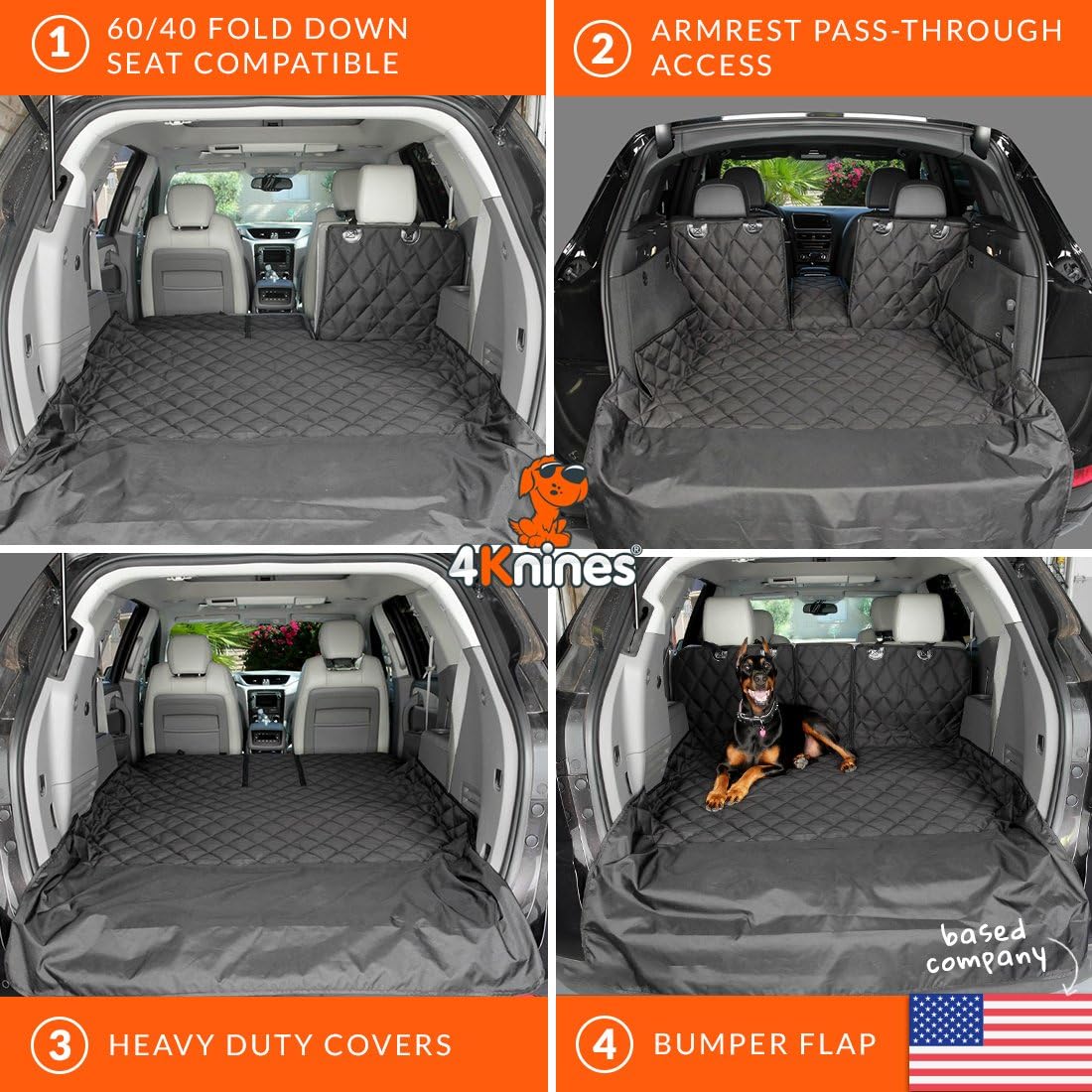4Knines SUV Cargo Liner for Dogs, Trunk Mat for SUV, Durable Cargo Cover, Protector – Compatible with 60/40 Split Bench & Armrest Pass-Through, Waterproof, Machine Washable, Non-Slip (Small, Camo)