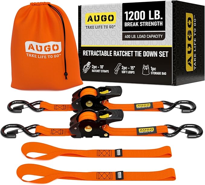AUGO Retractable Ratchet Straps | 2 Heavy Duty Ratchet Straps Self Retractable Tie Downs with Soft Loops & Storage Bag for Motorcycle, Truck, Trailer, Cargo Van | 1200 Lb Break Strength 1” x 10’