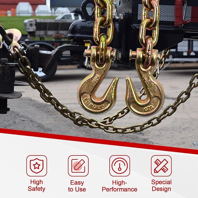Heavy Duty G80 Transport Binder Chain 3/8'' Inch x 20 Feet,Tow Chain with G70 Clevis Grab Hooks,7100 lbs Safe Working Load Logging Chain for Transporting, Towing(3/8'' x 20FT Yellow).