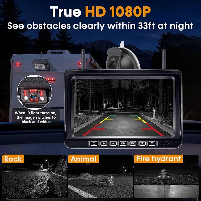 HD 1080P Magnetic Wireless Backup Camera: 1-Min Easy Install No Wiring 25H Long Battery Life for Long Travel - 7" Recording Monitor Dual Solar Backup Cameras for RV Trailer Camper Truck