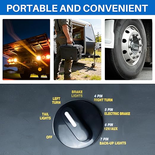 Trailer Light 7-Way Plug Tester with 7, 6, 4/5 Pin Adapter, Water-Resistant Portable Electric Brake Tester for RV/Boat/Utility Trailer with Short Circuit Protection(Battery NOT Included)