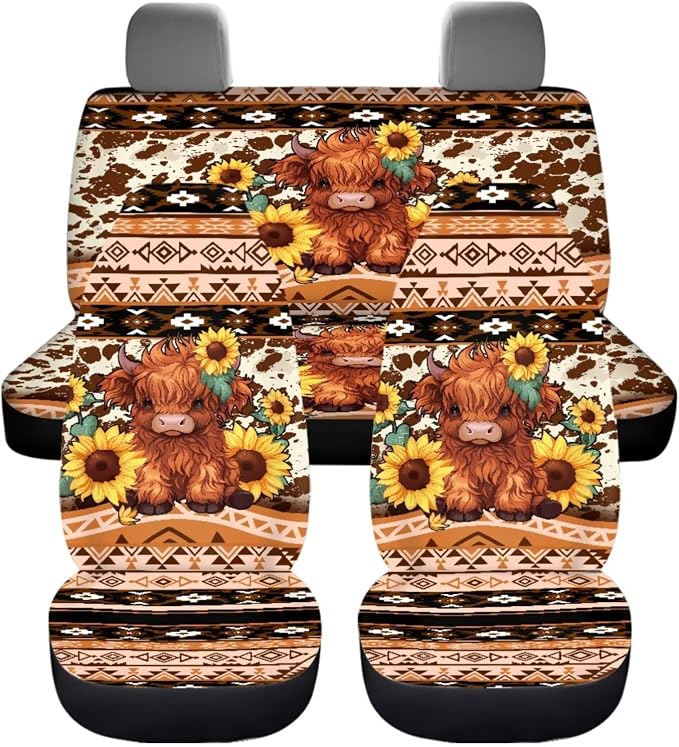 Dreaweet Aztec Brown Cow Print Car Seat Covers Full Set Cute Sunflower Highland Cow Car Accessories Steering Wheel Cover Car Coasters Armrest Cover Seatbelt Covers Gear Shift Cover Handbrake Cover