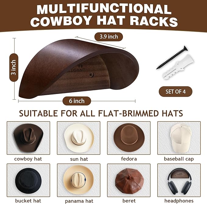 Cowboy Hat Holder Rack for Wall, 2 Pack Hat Hooks with Non-Damage Brim Design, Rustic Wood Hats Hanger on Wall to Keep Original Shape of Hats, for Home, Closet, Entryway, Cabin, Western Room Decor