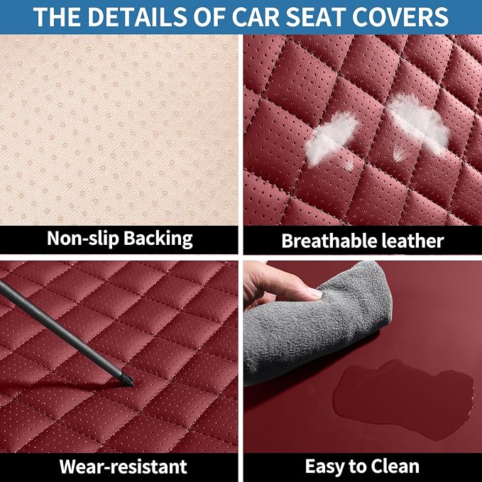 Red Leather Car Seat Covers Full Set Breathable Seat Protectors Waterproof Automotive Seat Covers Universal Fit for Most Cars SUVs Trucks Vehicles