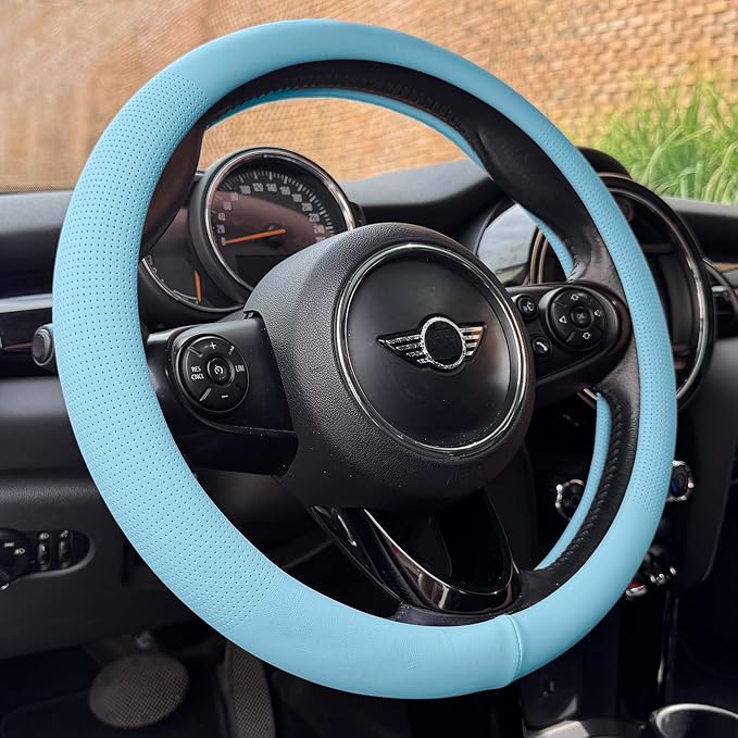 PINCTROT Nappa Leather Steering Wheel Cover, Slim Fit No Bulk Design, One Piece Leather with Breathable Perforation, Fit Like Gloves, Universal 14.5-15 Inch(Nappa Aqua)