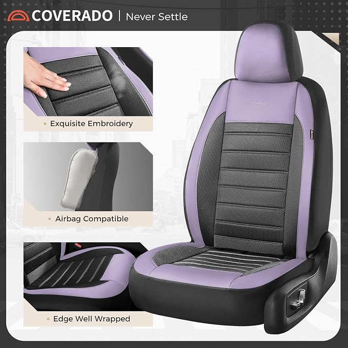 Coverado Car Seat Covers Front Seats, Luxury Leather Car Seat Covers, Automotive Front Mesh Seat Covers, Purple&Black Seat Covers for SUV Sedan Truck