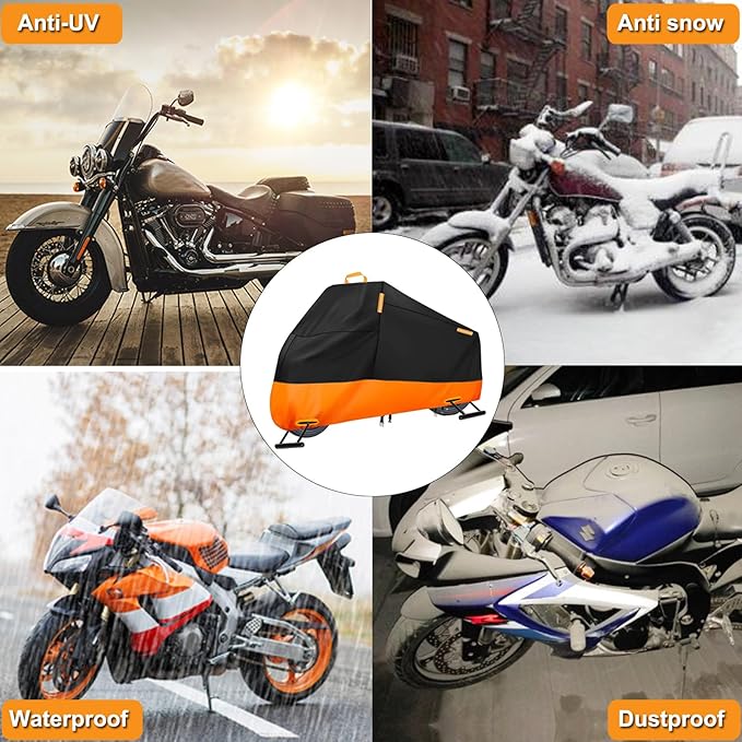 Motorcycle Cover Waterproof Outdoor, 300D Heavy Duty Motorcycle Cover for Harley Davidson Road Electra Glide Road King Shadow Spirit, All Seasons Protection Scooter Cover Fits up to 104"