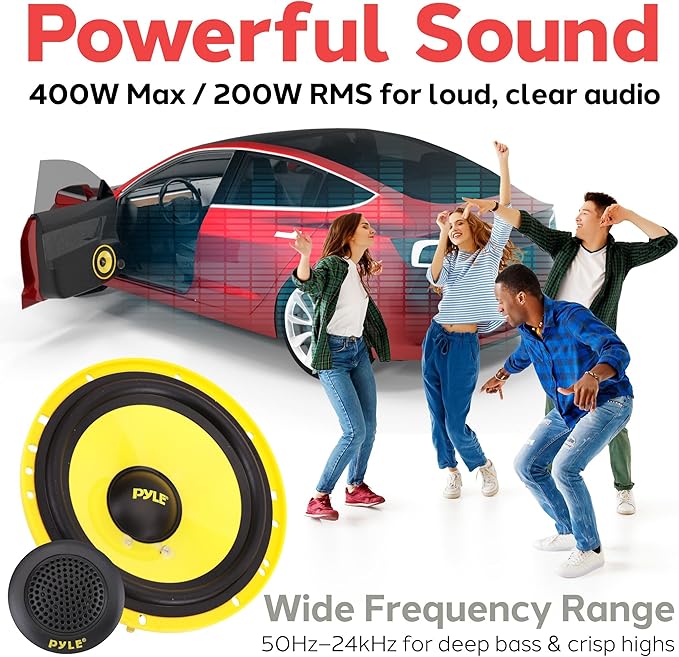 Pyle 2 Way Custom Component Speaker System - 6.5” 400 Watt, with Electroplated Plastic Basket, Butyl Rubber Surround & 40 Oz Magnet Structure - Wire Installation Hardware Set Included - PLG6C, Yellow