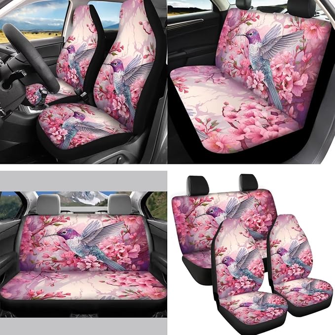 14 Pcs Pink Hummingbird Car Seat Cover Accessory Full Set,Neoprene Steering Wheel Cover/Mirror Cover/Gear Shift Knob&Handbreak Cushion/Coaster/Key+Auto Interior Accessory Protection