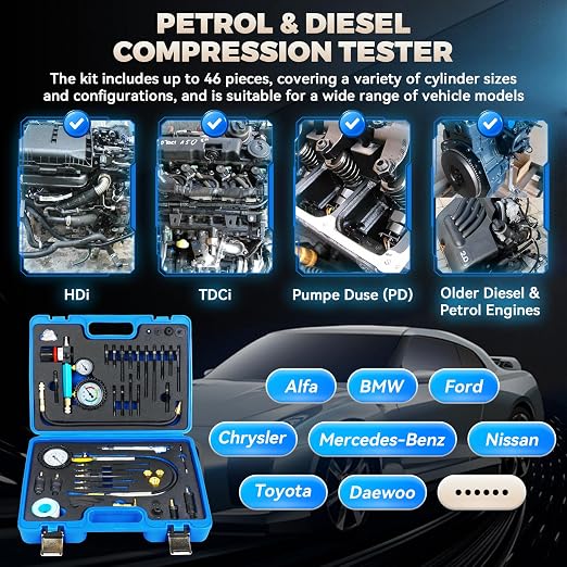 Diesel Compression Tester Kit 47pcs Petrol & Diesel Engine Compression Tester Small Engine Cylinder Leak Down Tester with Compression Gauge, Leak Detector, Gloves, for HDI/TDCi/Pumpe Duse Engine