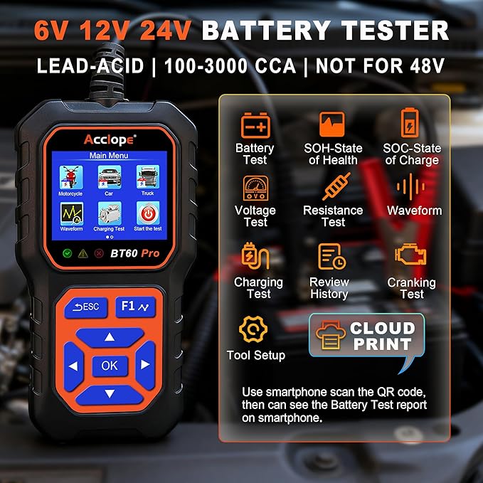 BT60 PRO Car Battery Tester 6V/12V/24V, 2–120Ah, 100–3000 CCA, Alternator & Starter/Charging System Analyzer, Automotive Load Test, QR Cloud Report (No App), for Car Truck Motorcycle Marine/RV