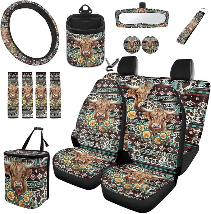 Dreaweet Aztec Highland Cow Car Accessories 15 Pcs Car Seat Covers Full Set with Steering Wheel Cover Seat Belt Pads Trash Can Rear View Mirror Cover Coasters Keychain Air Vent Storage Bag