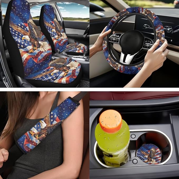 Bulopur American Flag Eagle Car Seat Covers Full Set with Vehicle Armrest Cushion Easy Install Auto Seat Belt Shoulder Strap Covers 15 Inch Steering Wheel Cover Coasters Car Interior Accessories
