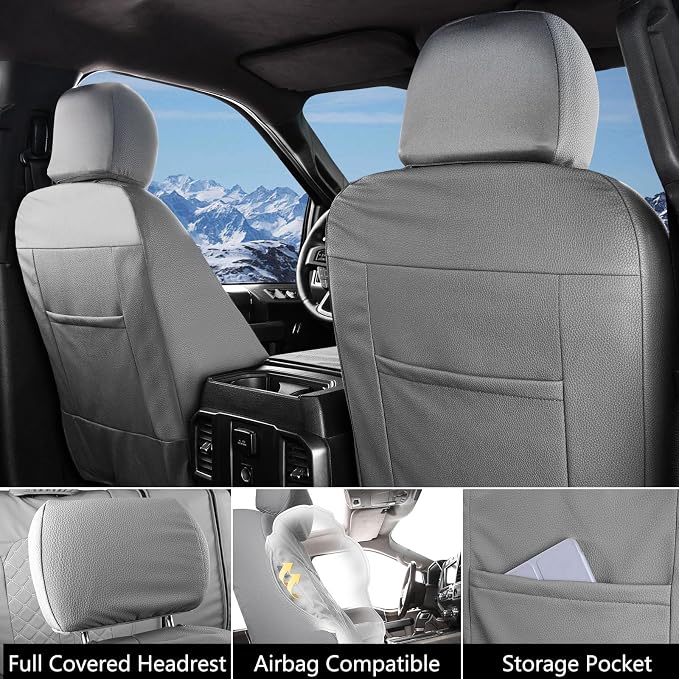 Truckiipa Seat Covers for Ford F150 Front Leather Truck Seat Cover Custom Seat Protector Fit for 2015-2026 Ford F150 Super Crew, 2017-2026 F250 F350 F450 Super Duty Crew Cab, Front Pair, Gray