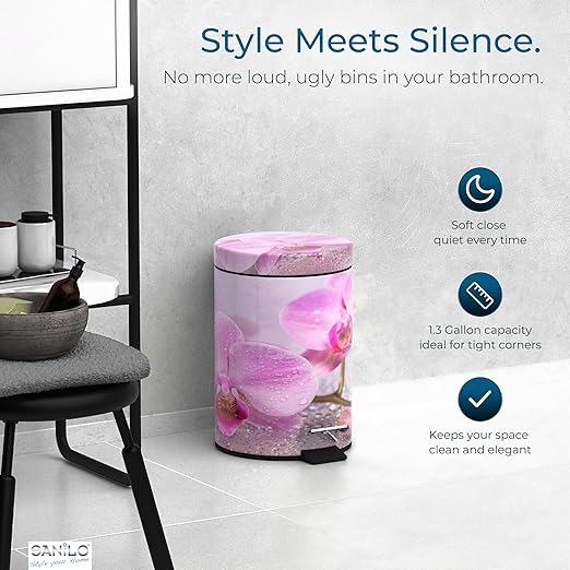 Sanilo Small Bathroom Trash Can with Lid [1.3 Gallon] - Lidded Tiny Trashcan for Garbage - Mini Metal Bin with Soft Closing Mechanism - Bath Room Accessoire Wastebin with Inner Bucket (Blooming)