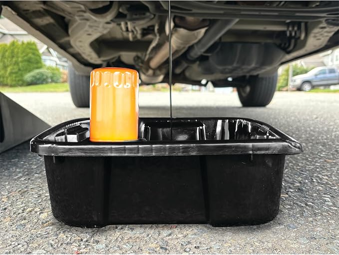Performance Tool W4079 11-Quart Oil Drain Pan, Chemical-Resistant, Oil Filter Stand, Black