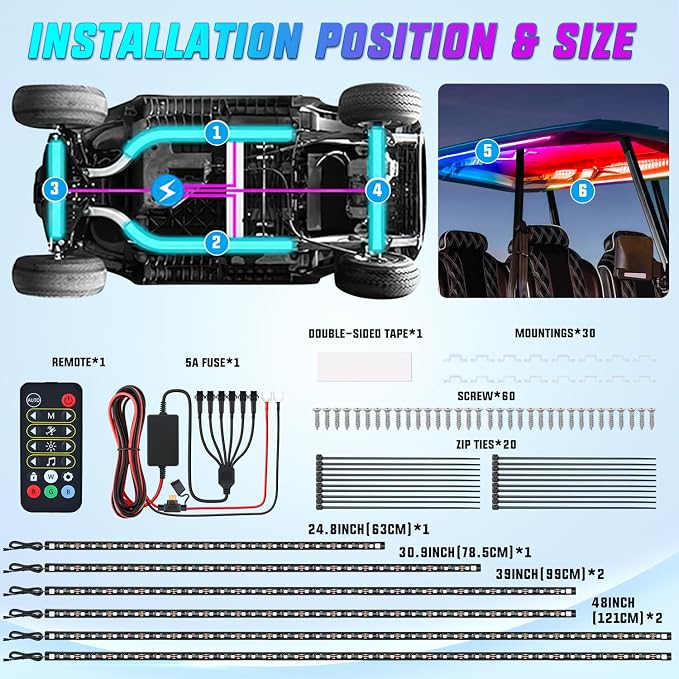 Nilight 6PCS Golf Cart Underbody Light Kit with Canopy Lights Dream Color Multi-Mode Neon Accent Lighting APP Remote Control Sound Active Music Sync IP67 Waterproof 12V-66V for EZGO Yamaha Club Car