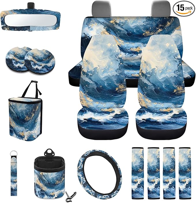 Marble Print Universal Fit Car Seat Cover Set Steering Wheel Covers Seatbelt Strap Pad Trash Cans Air Vent Storage Bag Rearview Mirror Cover Cup Holder Keychain, 15 PCS