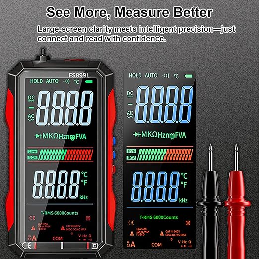 2026 Upgraded FS899L Digital Multimeter, Color Screen, USB-C with 16pcs Silicone Multimeter Test Leads Kit, Rechargeable, Auto-Ranging, 6000 Counts True RMS AC/DC Voltage, NCV, Capacitance Tester.
