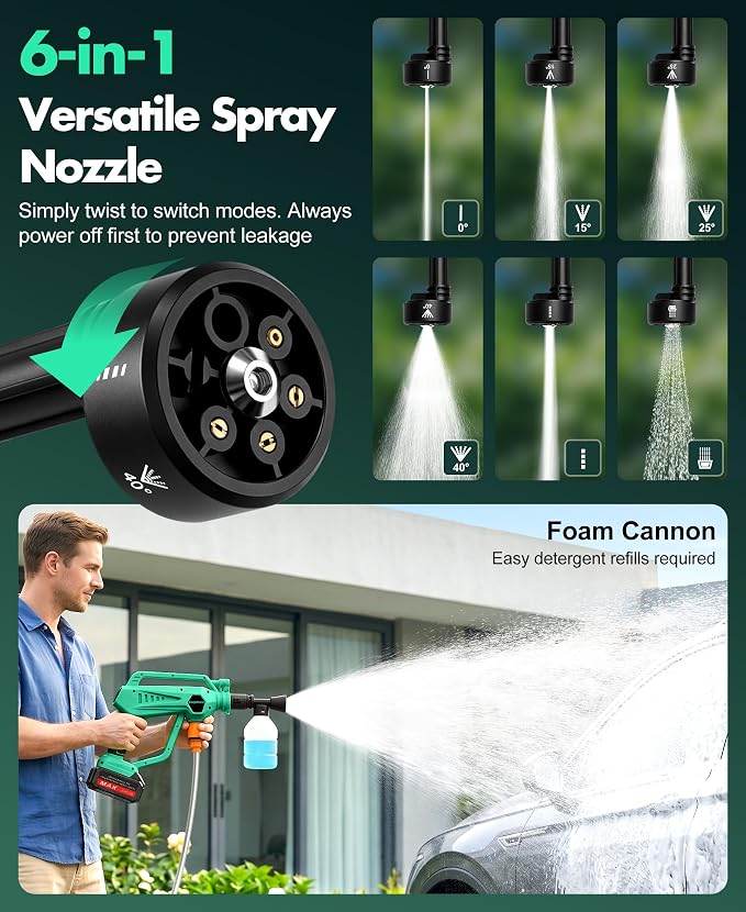 DeeprClean Cordless Car Washer with 6-in-1 Nozzle, Portable Vehicle Cleaning Tool with Brushless Motor |3 Adjustable Levels & Battery Display | Lightweight Spray Tool for Car, Patio Outdoor Use-Green