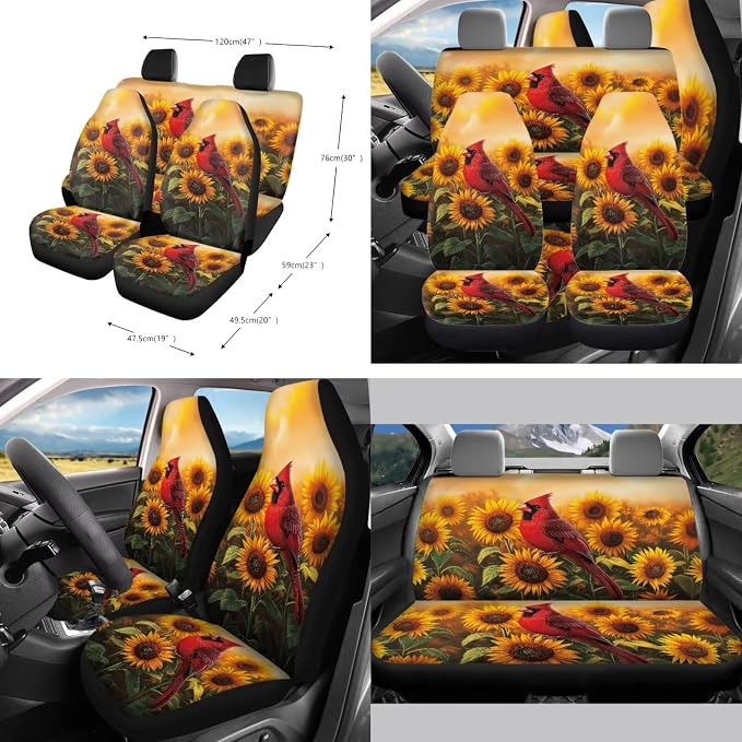 Cardinal Sunflower Pattern Auto Seat Covers Full Set, Car Interior Decor Set of 10 Steering Wheel Cover Cup Coasters Car Trash Can Air Vent Pounch Bag Keychain Universal Fit Most Cars
