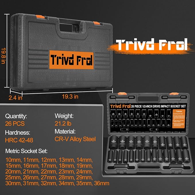 Metric Impact Socket Set 1/2" Drive - Trivd Frol 26 Piece Deep Impact Socket Set 1/2" Drive, Metric Socket Set 10mm to 36mm Large Socket Set, Impact Driver Socket Set, Cr-V Steel, Double Lock Case
