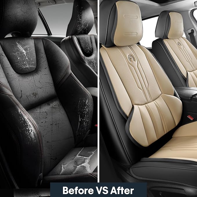 AOOG Seat Covers Custom Fit for Dodge Ram 1500/2500/3500 2002-2026 Faux Leather Seat Cover Set Compatible with Crew, Regular, Quad, Mega Cab, Waterproof Car Truck Cushions(BeigeBlack, Front Seat)
