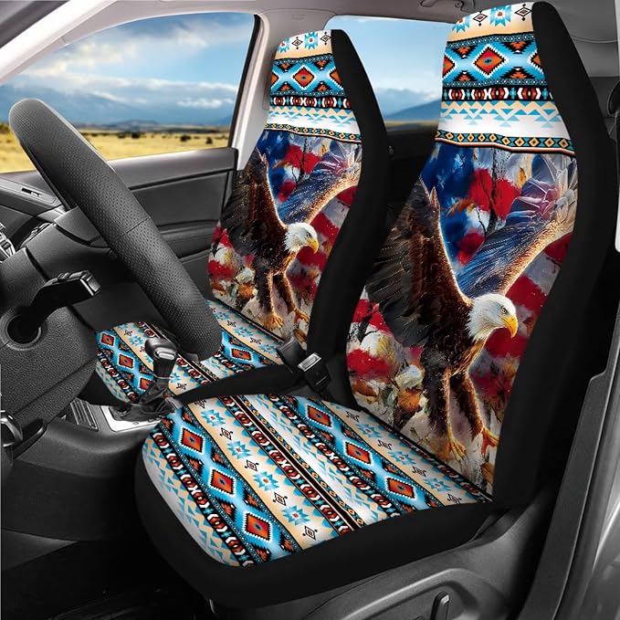 American Flag Eagle Car Seat Covers Full Sets 18 Pcs Aztec Tribal Car Accessories Set with Car Seat Belt Pads Cover Universal Fit Car Headrest Covers Car Trash Can Steering Wheel Wrap