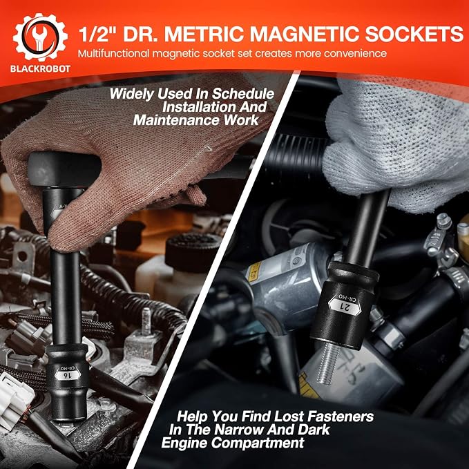 BLACKROBOT 1/2" Drive Magnetic Impact Socket Set, 15-Piece Shallow Socket Set with Storage Rail, Metric Size (10-22mm, 24mm, 27mm), 6-Point Magnetic Sockets, Cr-Mo Steel