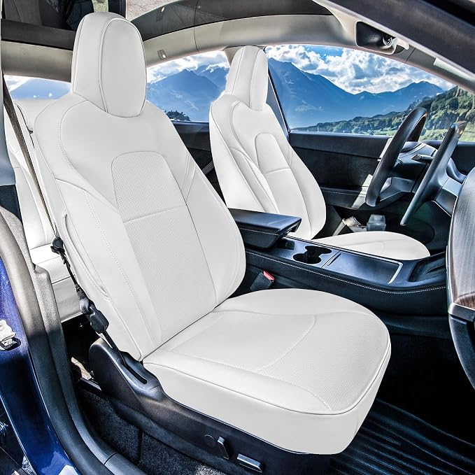 FH Group Custom Fit Car Seat Covers Specifically Made for 2020-2025 Tesla Model Y Faux Leather Water Resistant Automotive Seat Covers -Front Set Solid White