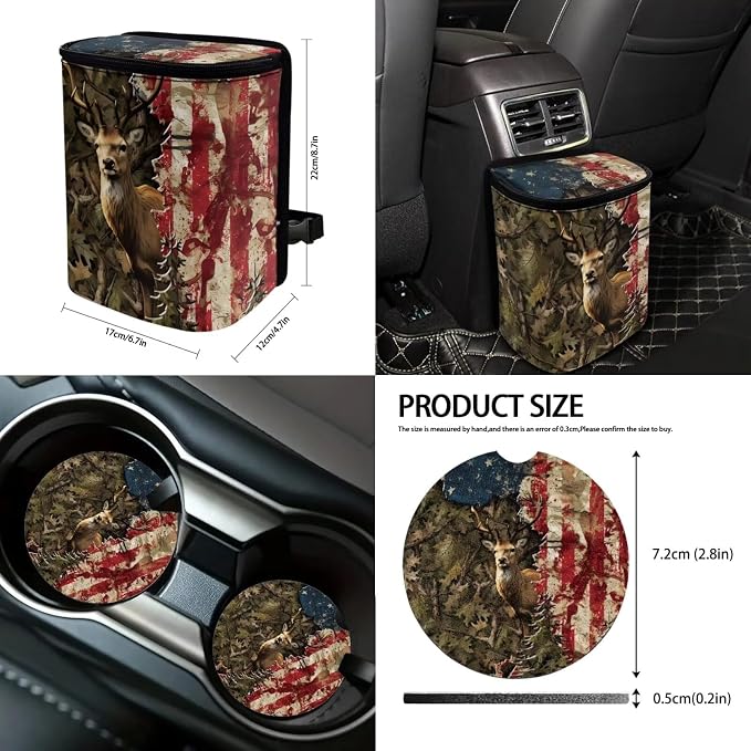 Suobstales Deer Camo American Flag Print 13 Pieces Car Accessories Set Car Seat Covers Steering Wheel Cover Cup Holder Trash Can Seat Belt Pads Keychains Rearview Mirror Cover for SUV Truck