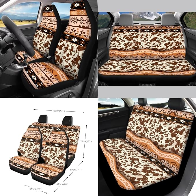 Aztec Tribal Geometric Cow Sunflower Print Full Set with Front Back Seats Steering Wheel Covers, Trash Can, Air Vent Bag, Auto Seat Belt Pads, Mirror Cover, Cup Holder Coaster for Women Men
