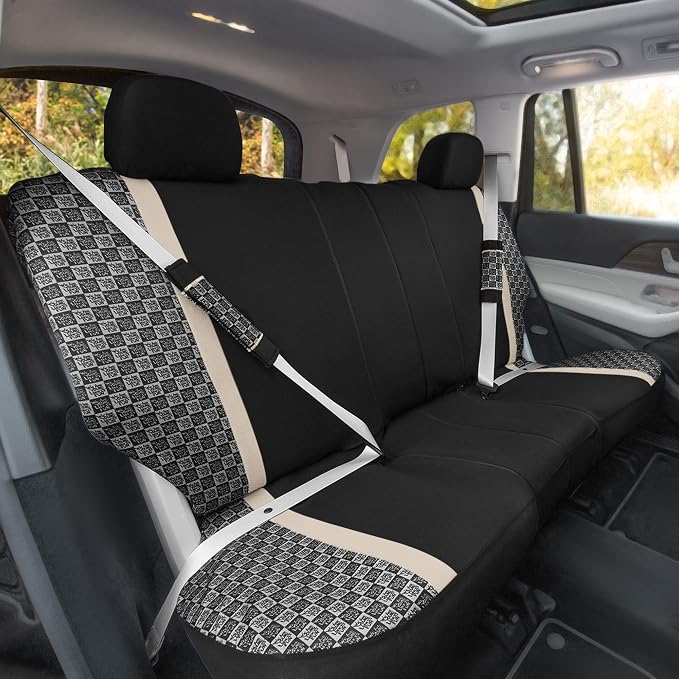 We Are Young Life is Fun™ Checker Car Seat Covers Universal Fit Interior Accessories Full Set Beige Seat Cover Combo Steering Wheel Cover and Seat Belt Pads, Airbag and Split Rear Car Seat Covers